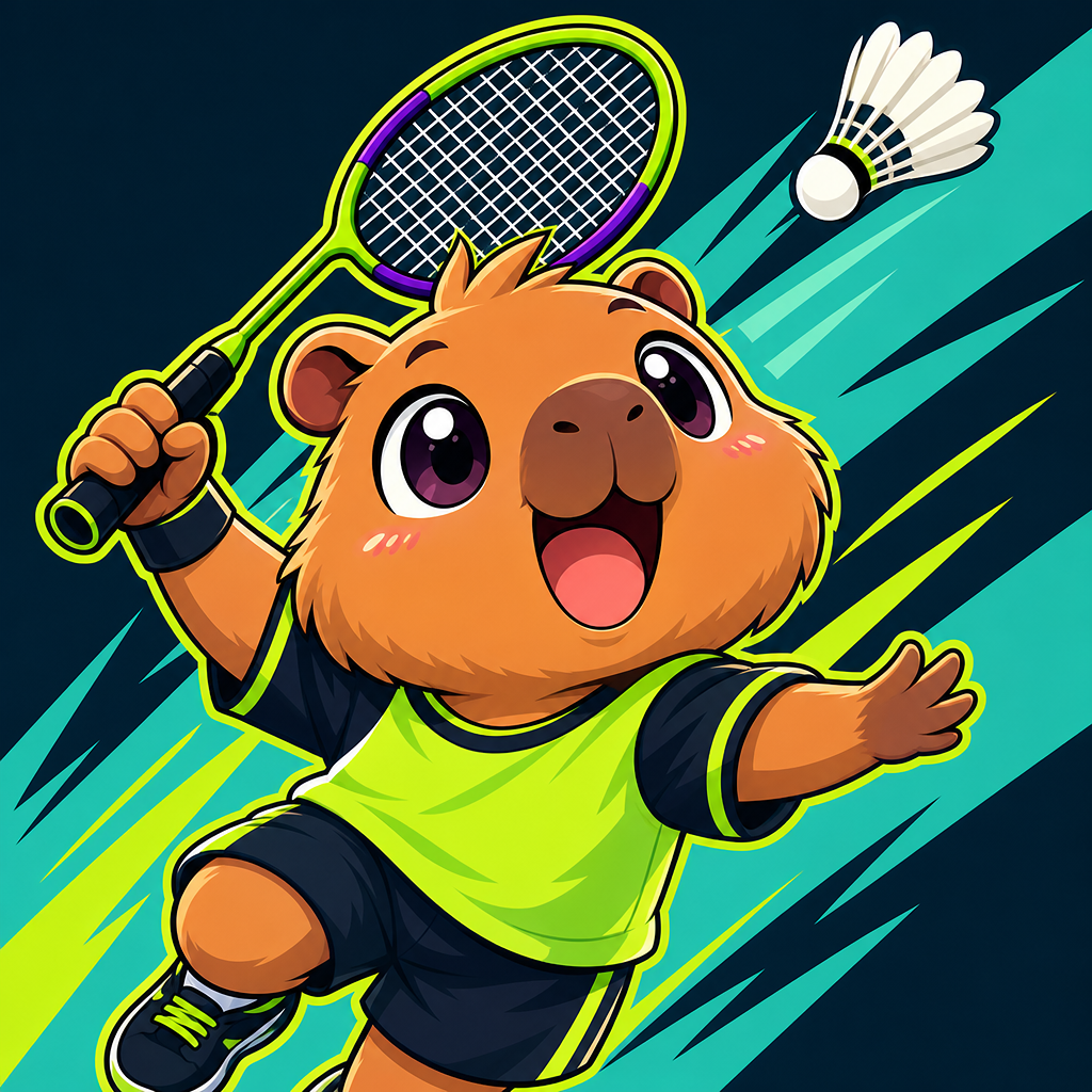 Capycourt capybara mascot playing badminton